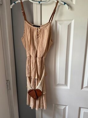 Beige Tiered Textured Spaghetti-Strap Dress